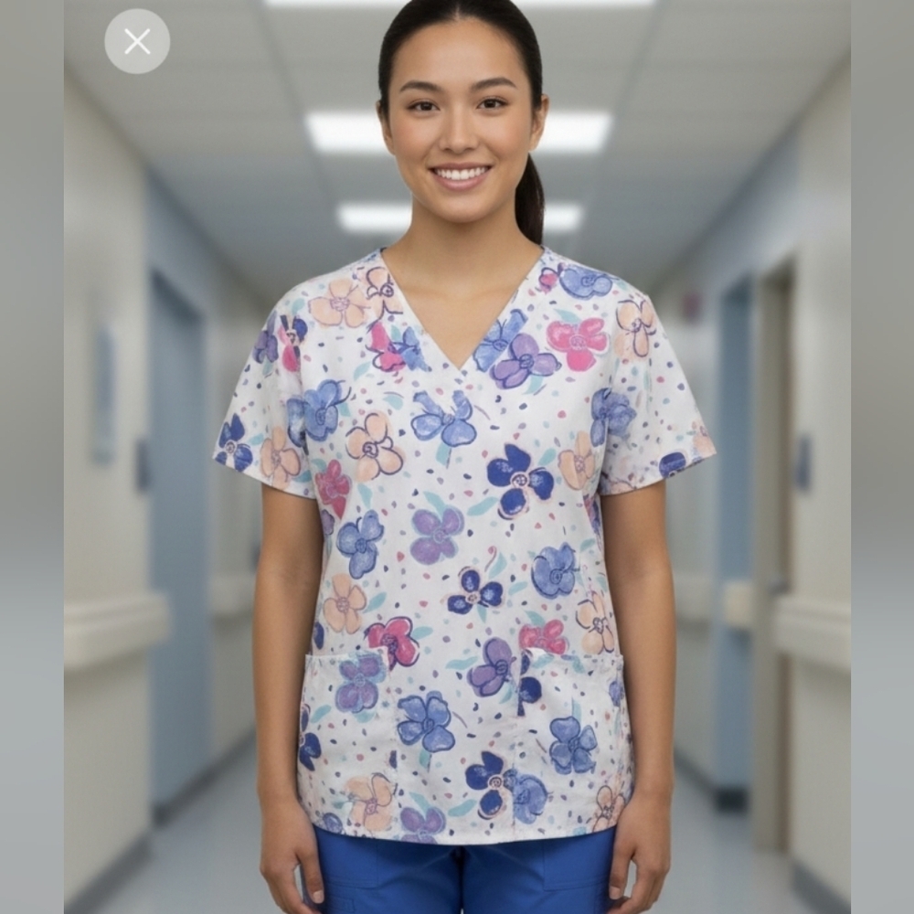 Crest Medium scrub top white with flowers